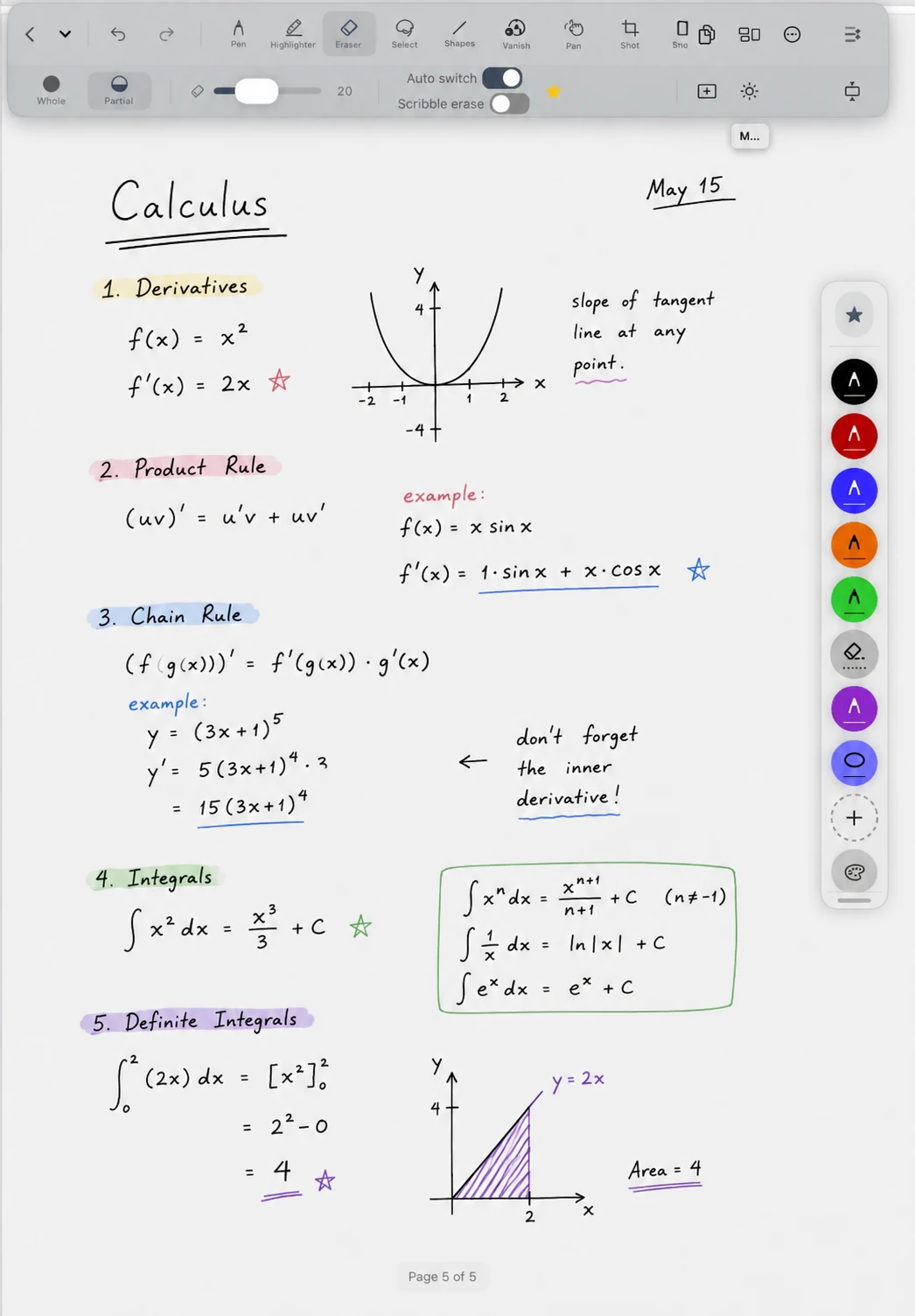 DefterPad editor with handwritten calculus notes, selected eraser, toolbar, and Favorites Rail