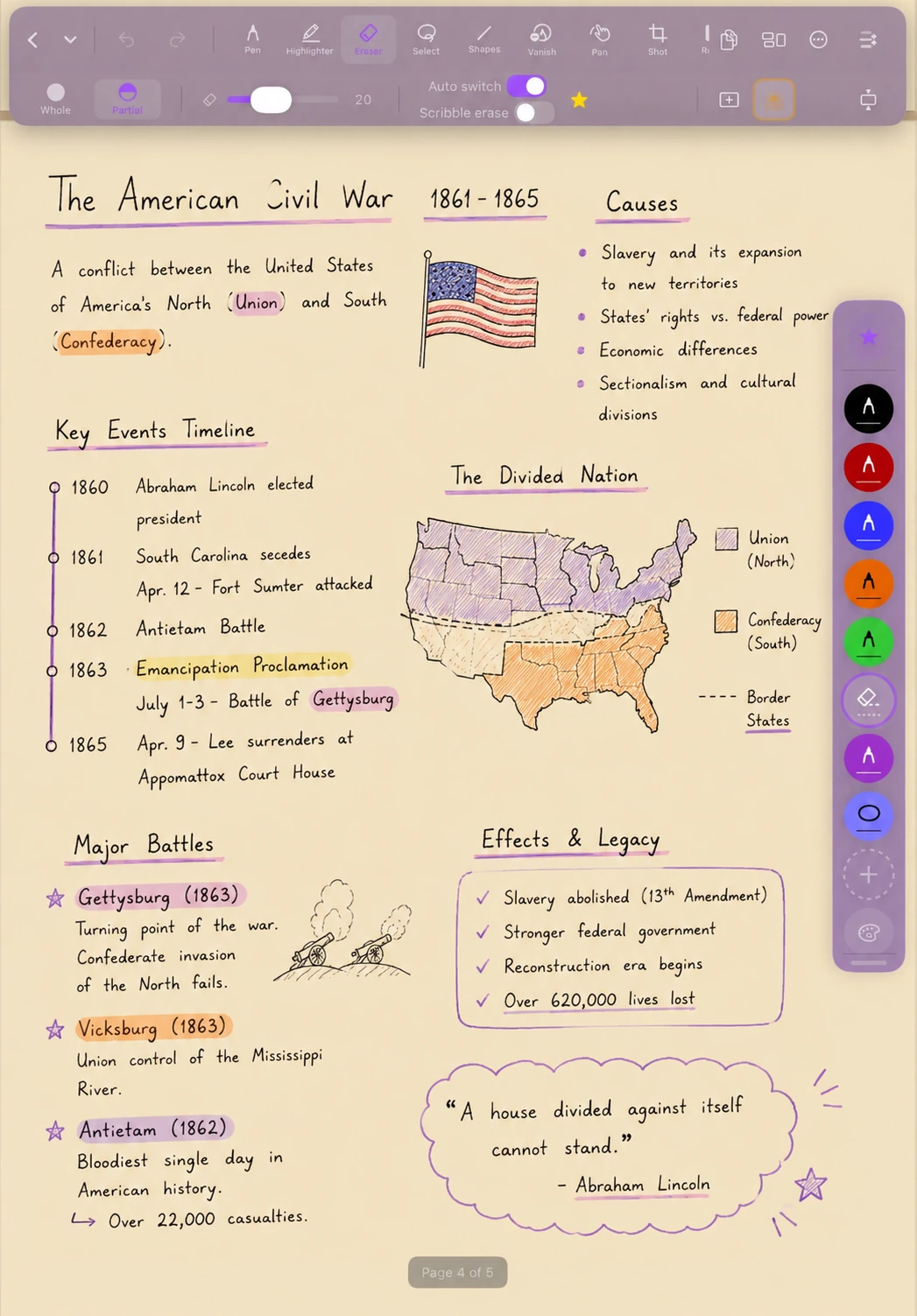 DefterPad page with handwritten American Civil War notes