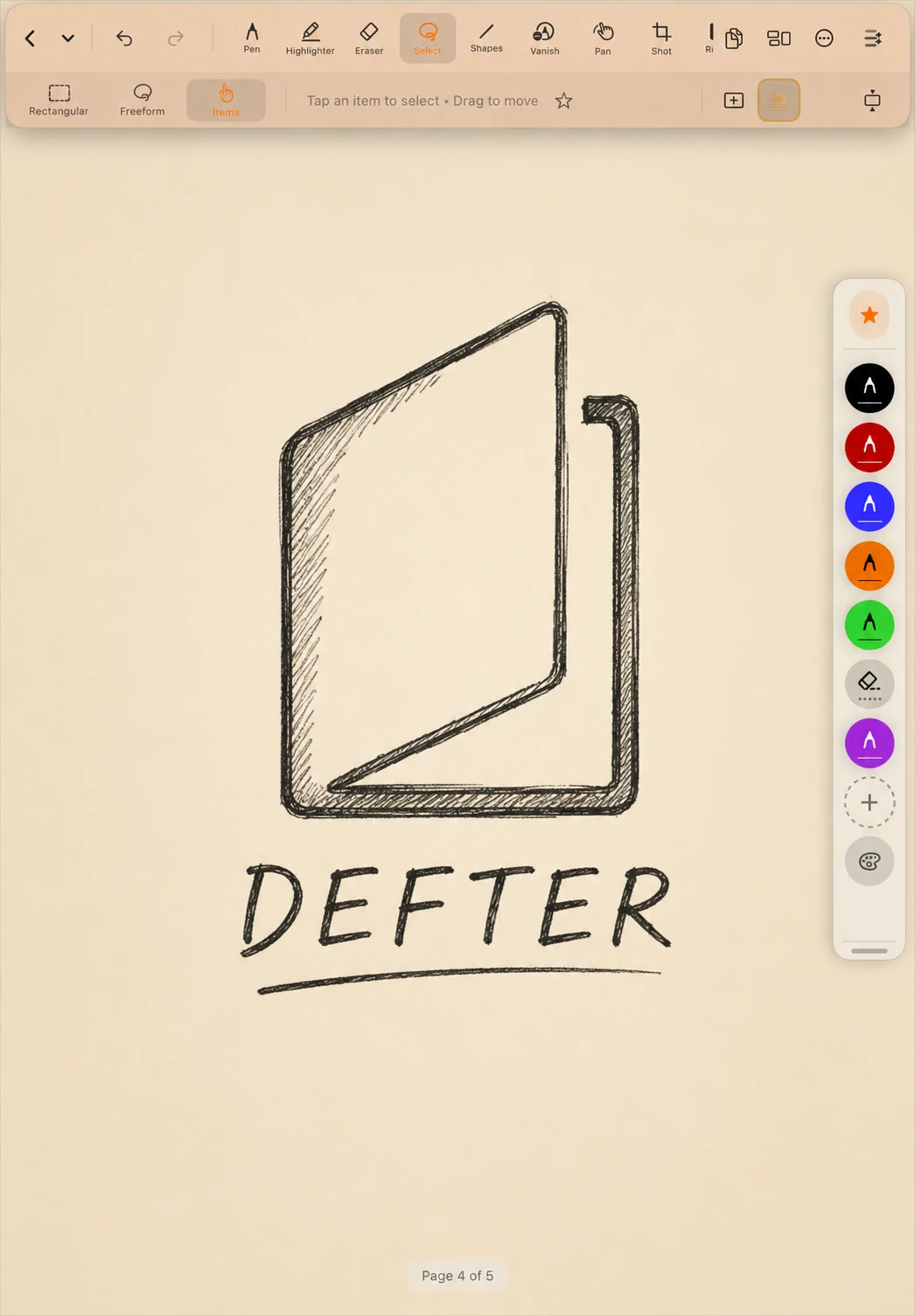 DefterPad editor with a hand-drawn Defter notebook logo, toolbar, and Favorites Rail