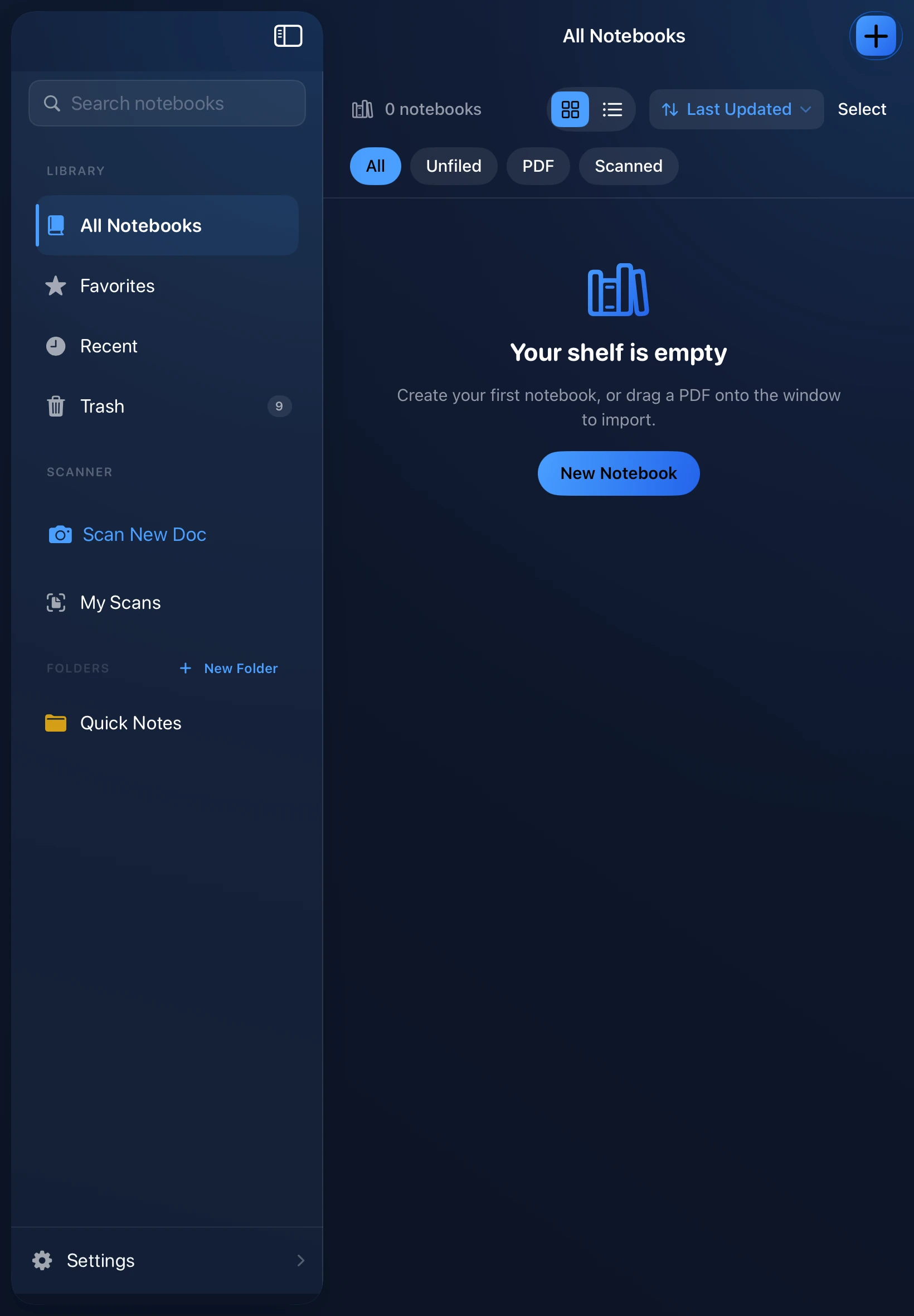 DefterPad library sidebar with search, All Notebooks, Favorites, Recent, Trash, and Scanner