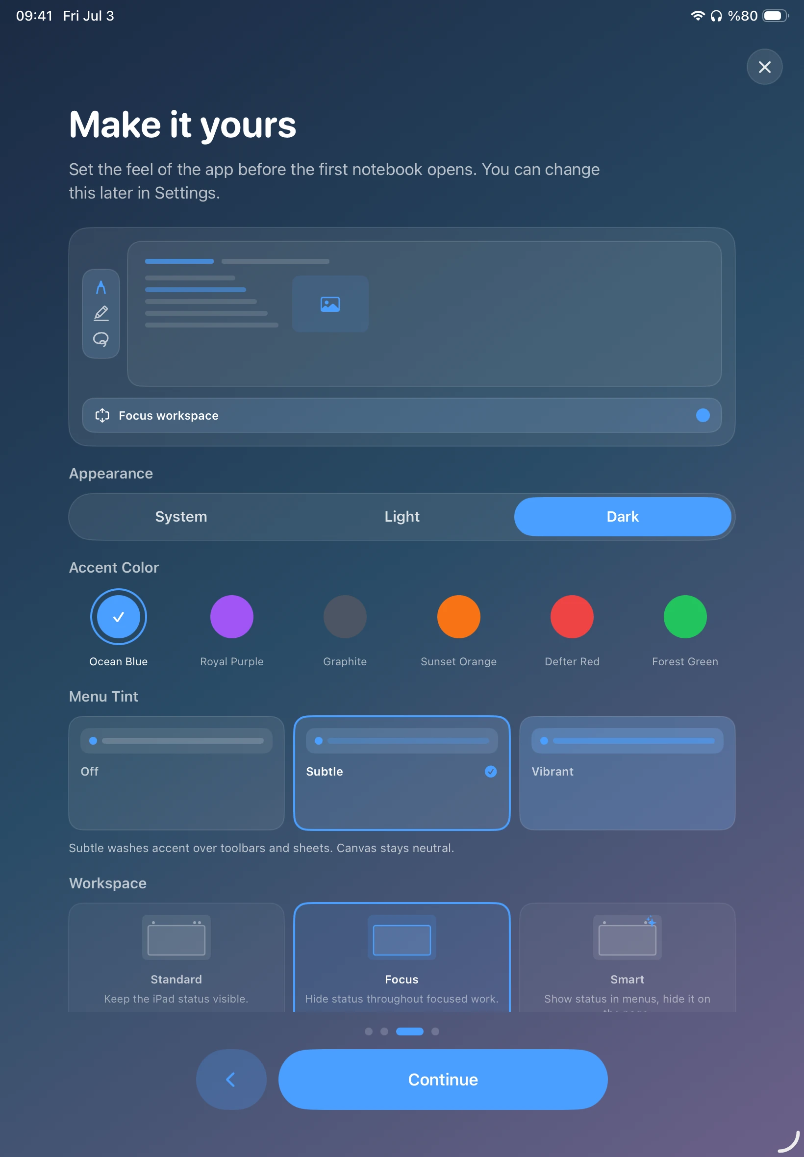 DefterPad Make it yours settings with the Ocean Blue accent selected