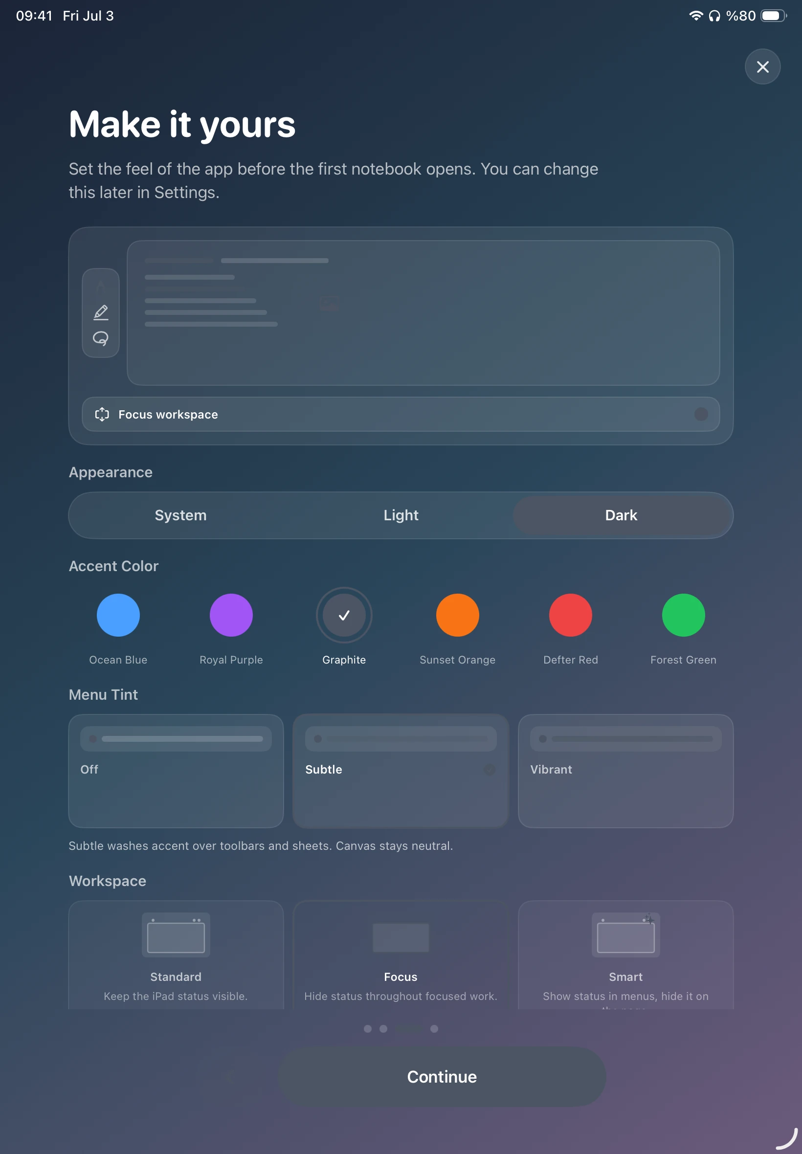 DefterPad Make it yours settings with the Graphite accent selected