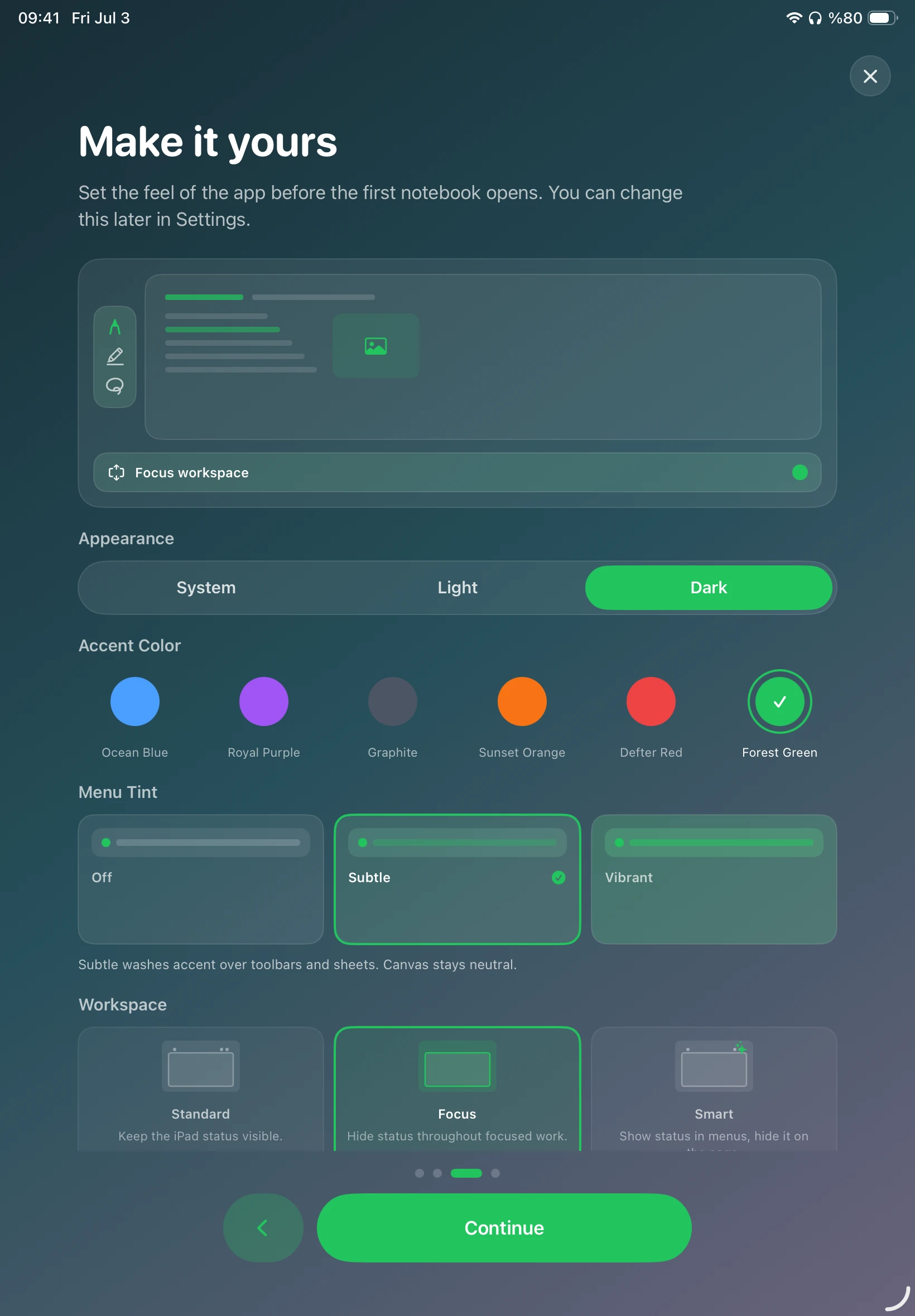 DefterPad Make it yours settings with the Forest Green accent selected