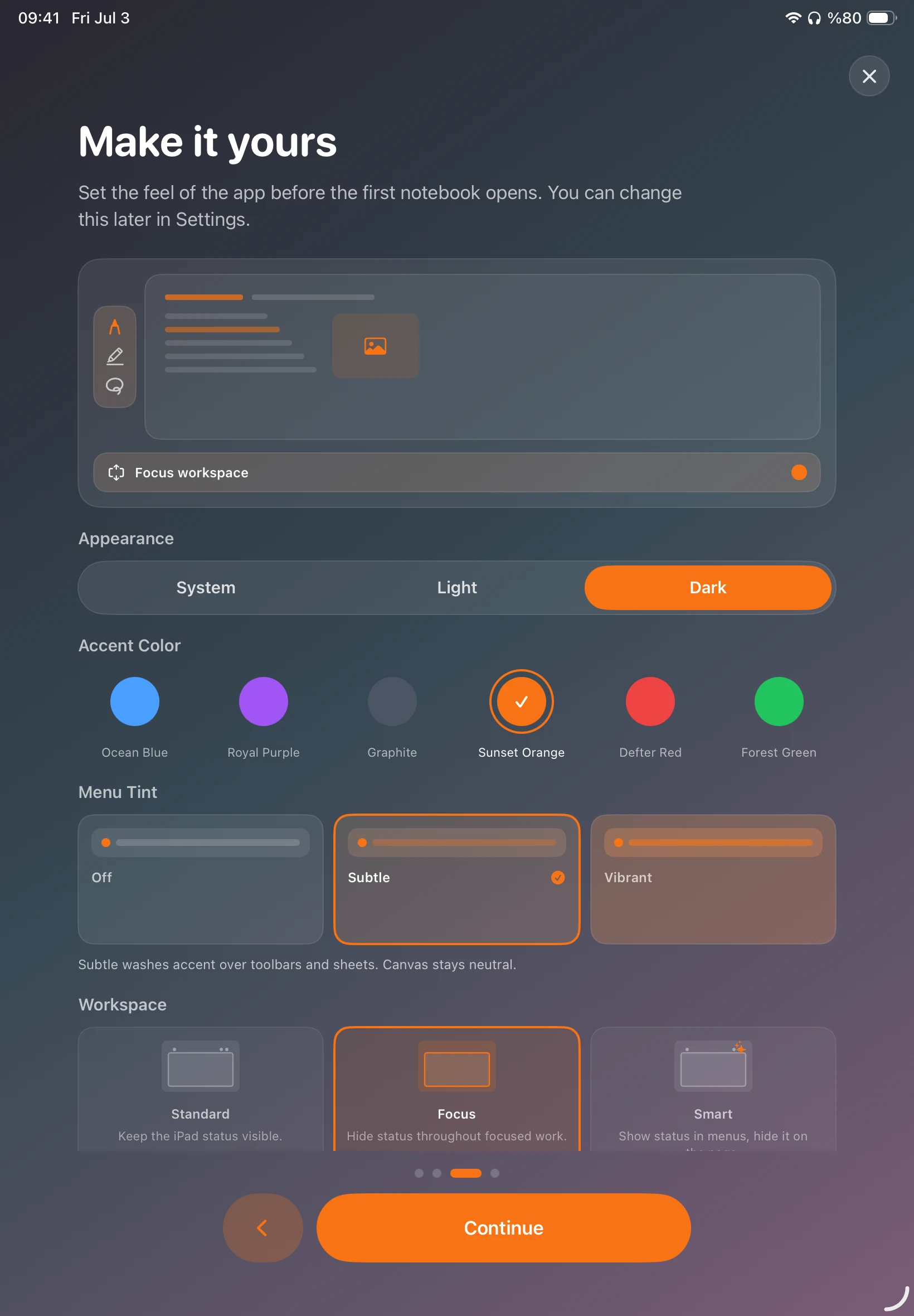 DefterPad Make it yours settings with the Sunset Orange accent selected