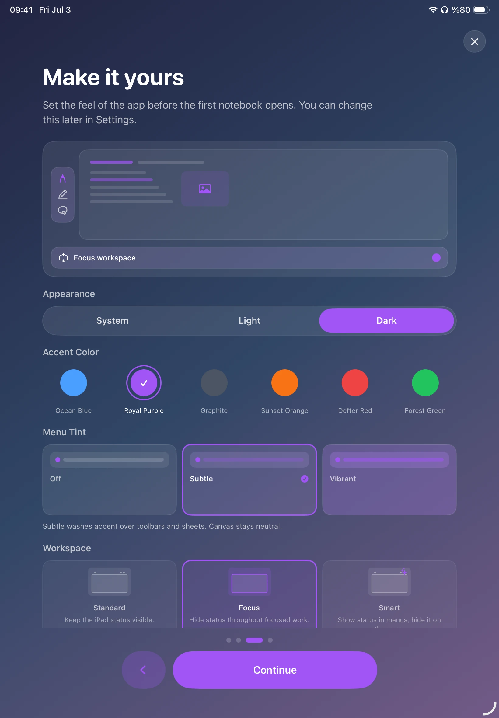 DefterPad Make it yours settings with the Royal Purple accent selected