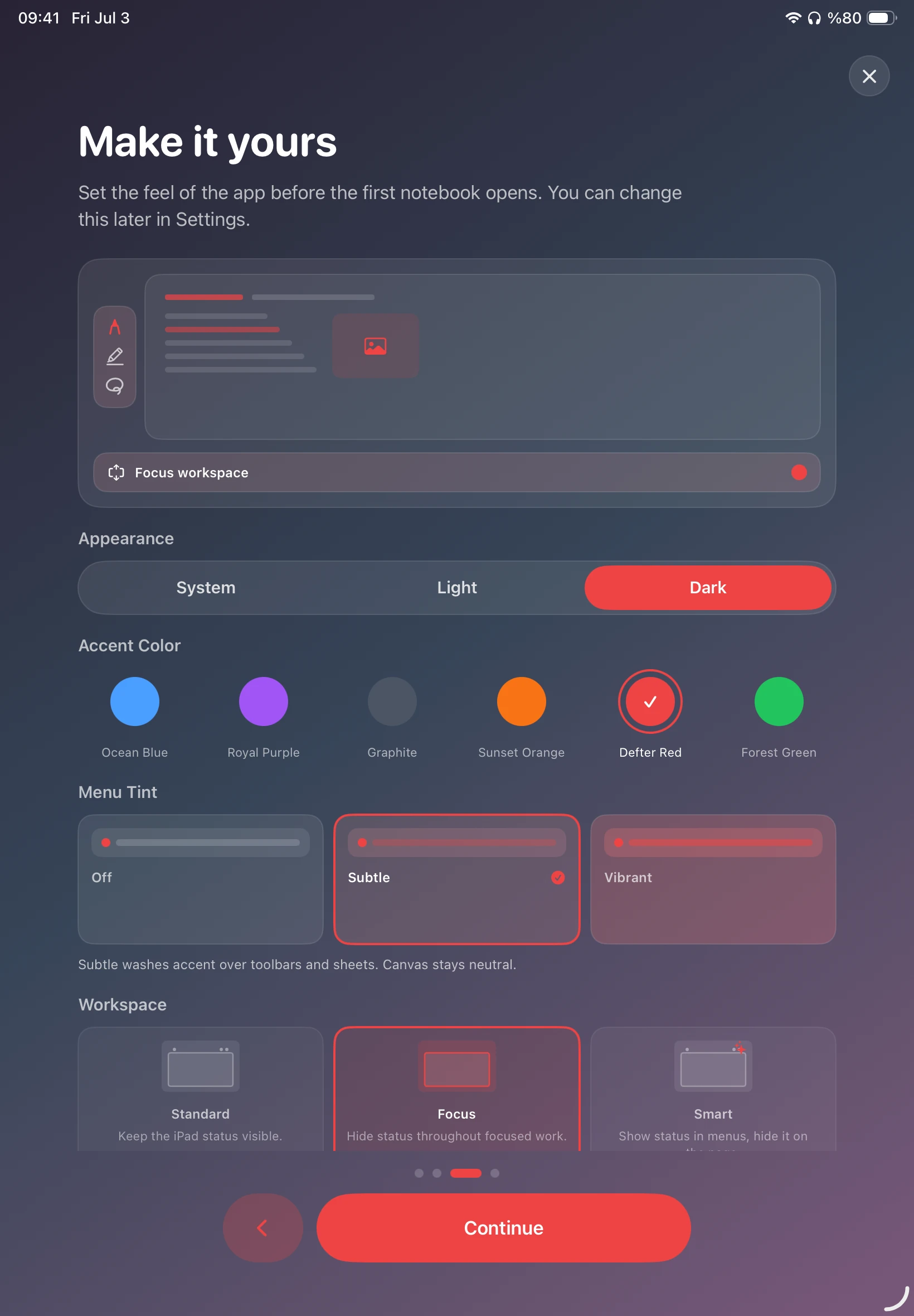 DefterPad Make it yours settings with the Defter Red accent selected