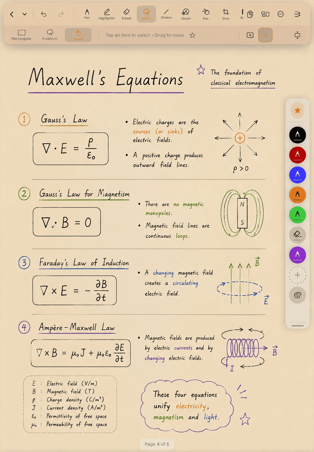 DefterPad Sepia paper mode with handwritten Maxwell equations