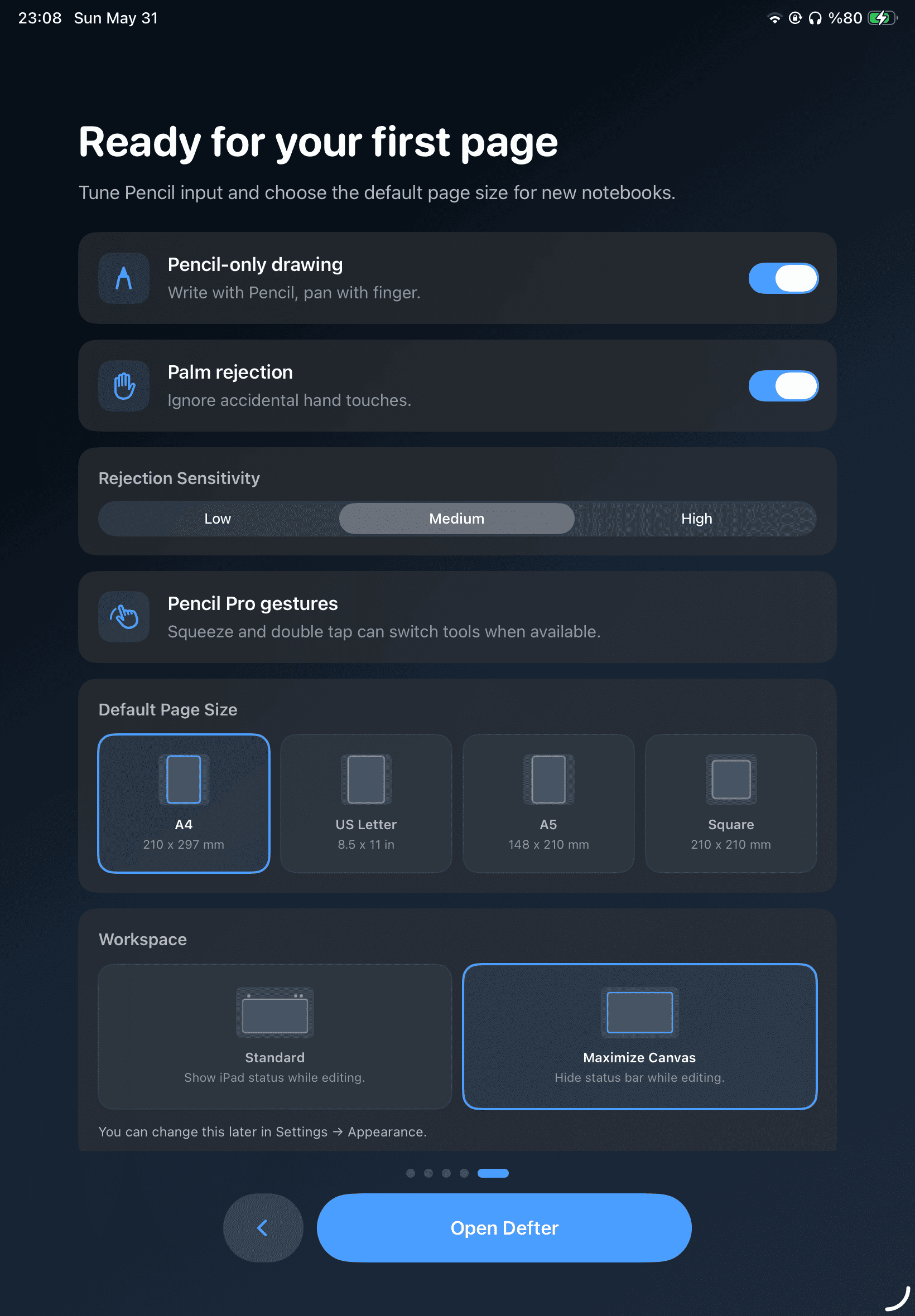 Defter tool and Apple Pencil settings with configurable actions